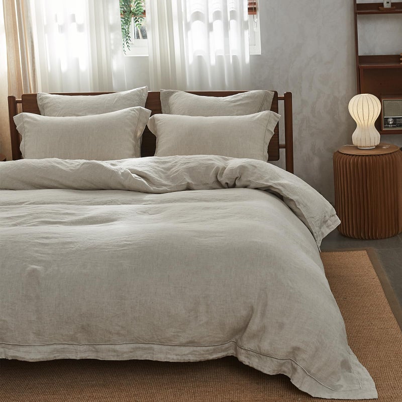 Simple&Opulence 100% Washed Linen Duvet Cover with Embroidered, 3 Pieces Soft Farmhouse Comforter Set with Button Closure, 1 Duvet Cover and 2 Pillowshams(Full,Natural Linen) - Image 1